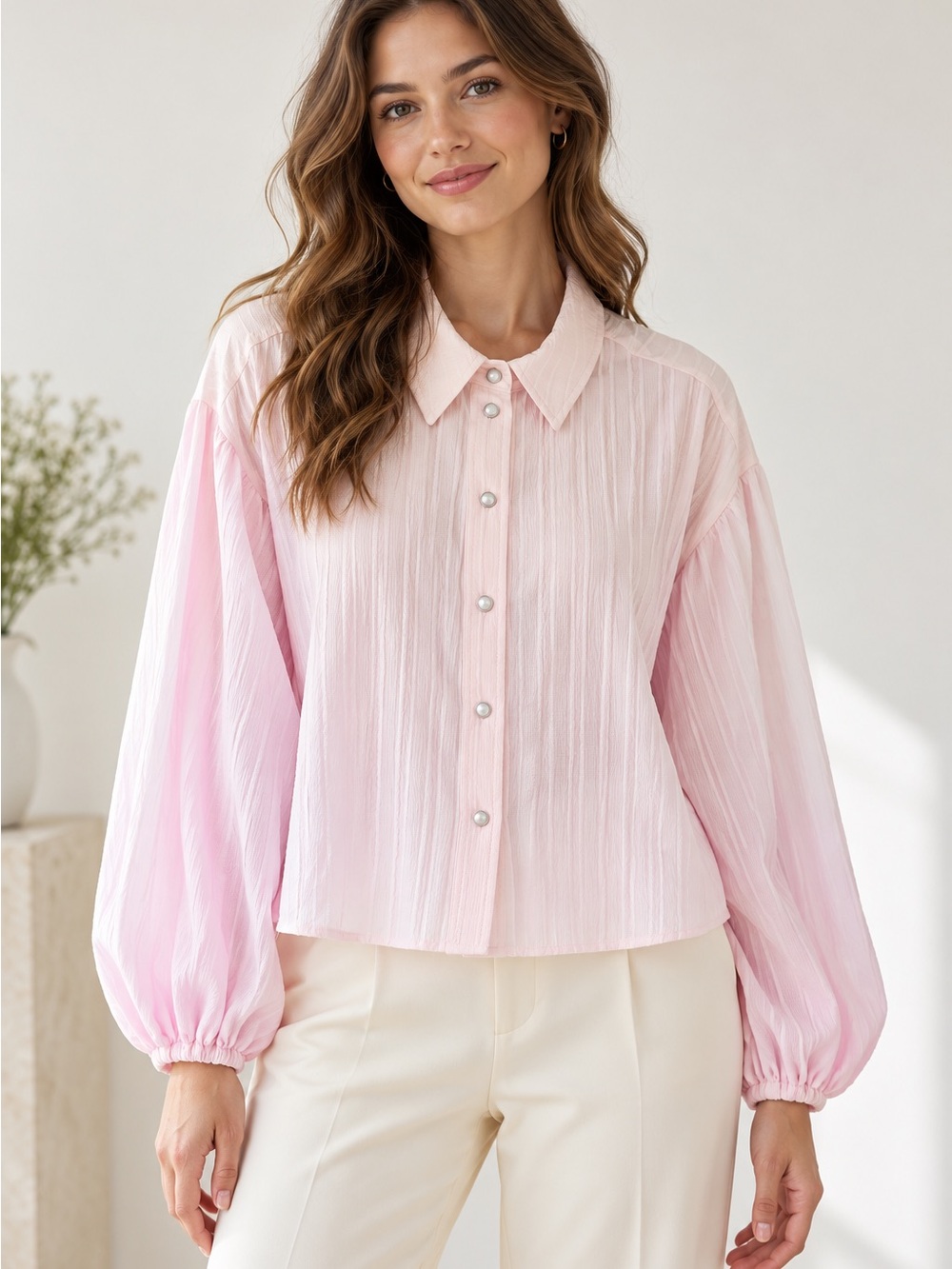 ee:some Blush Pink Textured Pearl Button Blouse – Medium NWT